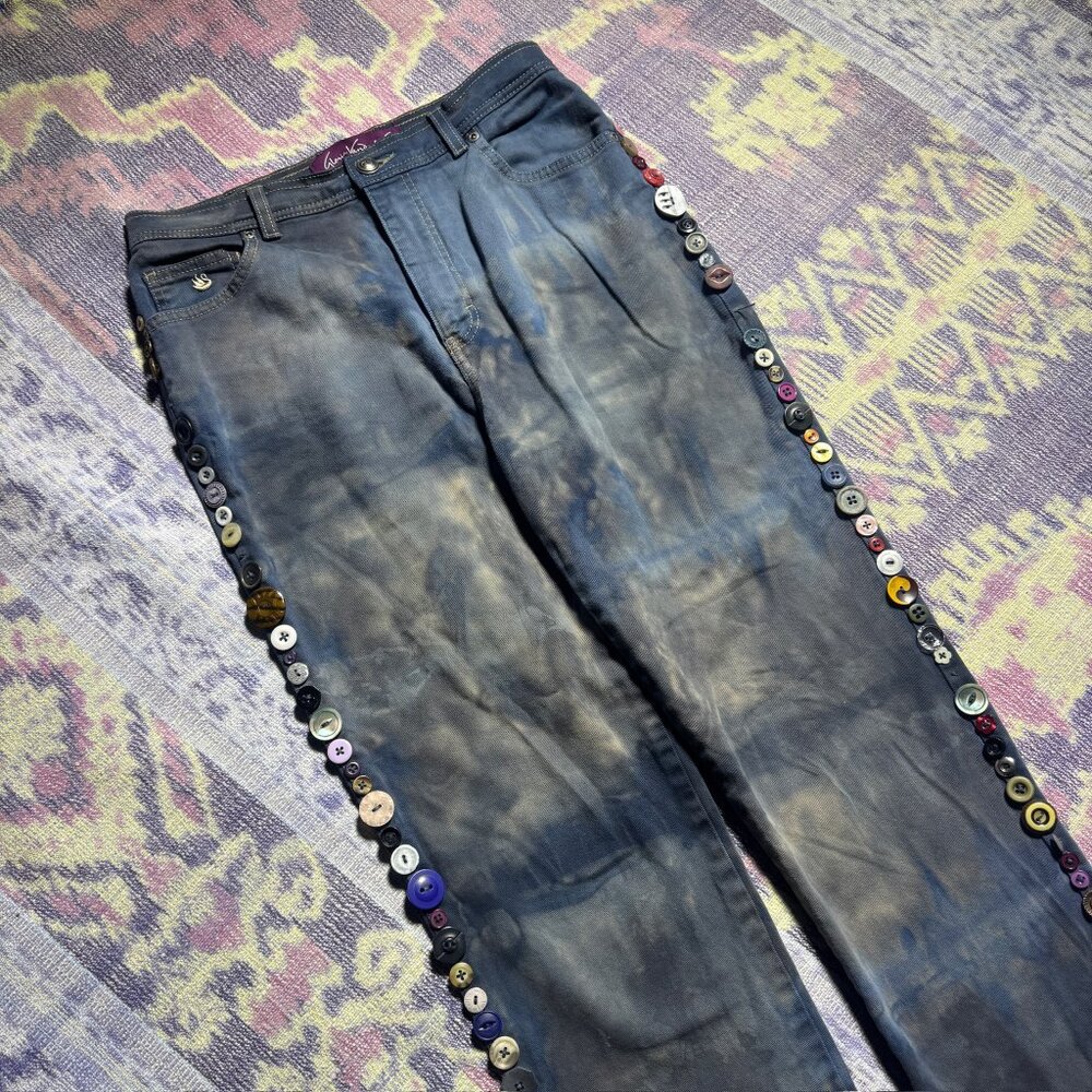 Gloria Vanderbilt Blue Black Tie Dye Side Button Jeans Women's 6 Long 6L